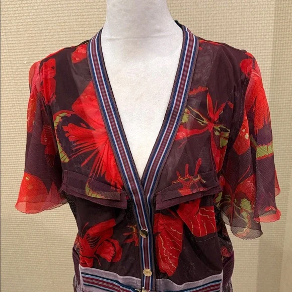 Byron Lars, Elegant,Unique Floral Sheer Maxi Dress, Red/Purple Accents, size 10 - Picture 1 of 15